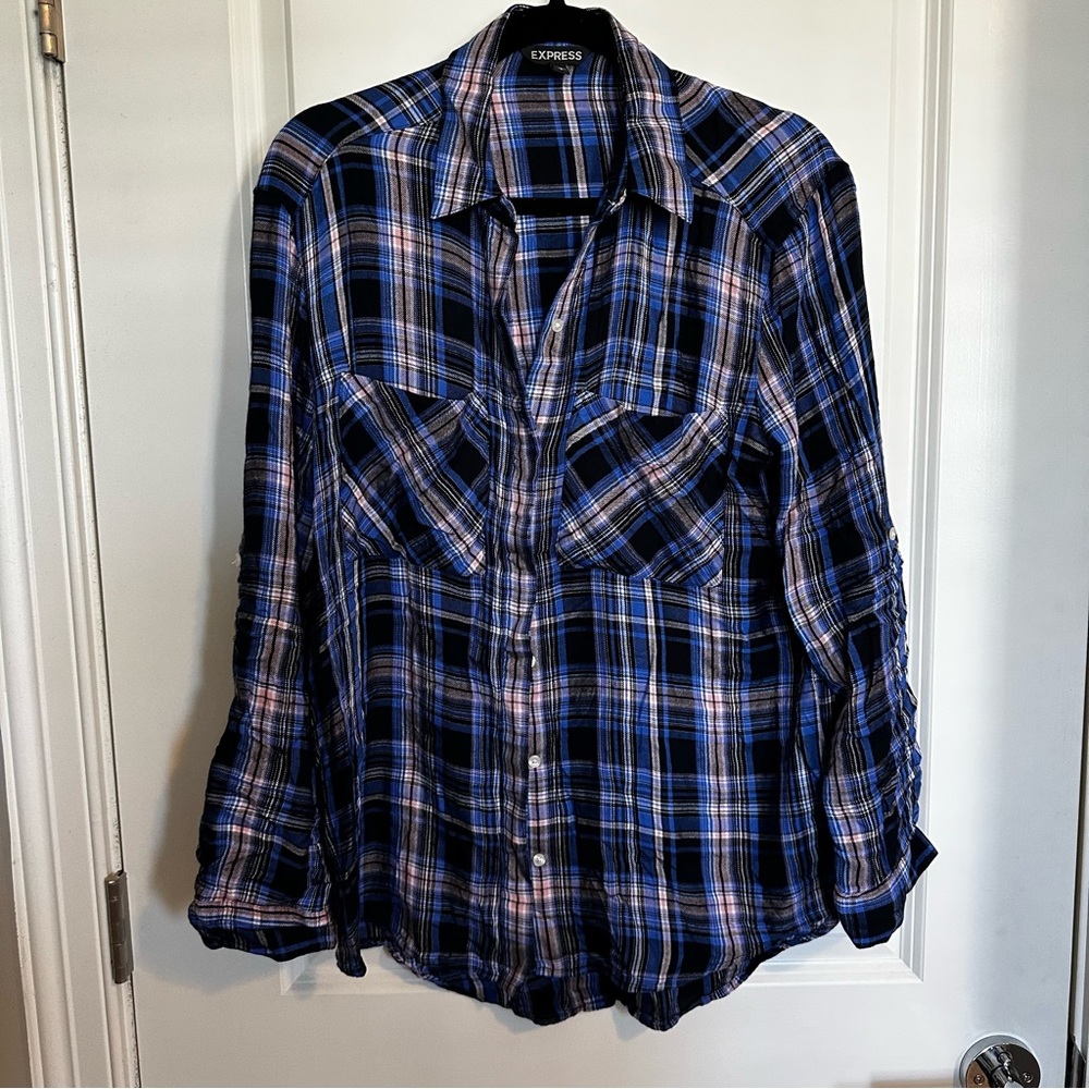 Express Blue Plaid Button-Up Shirt